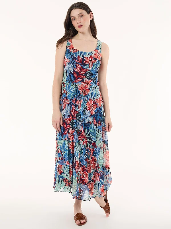 Maxi dress with festive look-Maxi Multi-Tiered Dress, Printed Chiffon