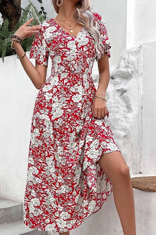 Maxi dress with bold stripes-V NECK FLORAL PATTERN LONG DRESS