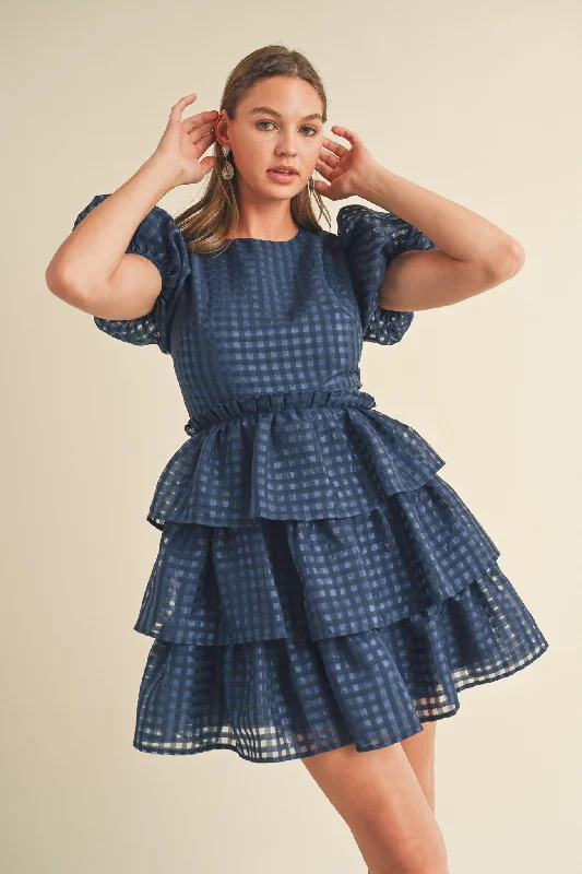 Halter neck mini dress-Navy Puff Sleeve Tiered Layer Mini Dress