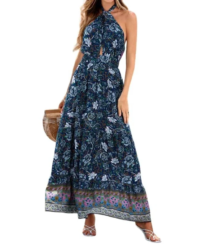 Maxi dress with bishop sleeves-Floral Print Halter Tie Maxi Dress In Navy Floral