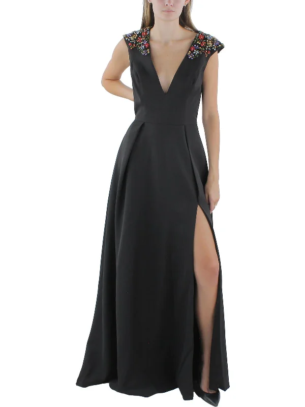 Maxi dress with slit-Womens Maxi Deep V-Neck Evening Dress