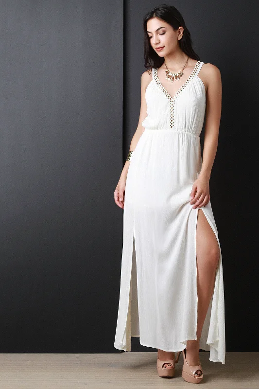 Maxi dress with intricate beading-Eyelet Trim V Neckline Maxi Dress