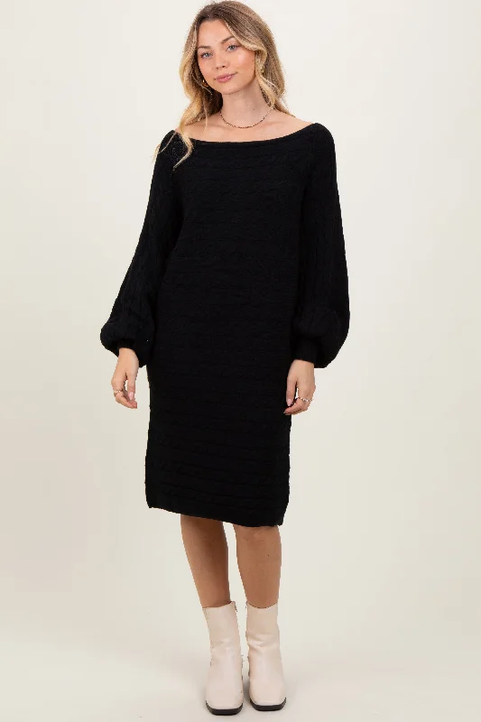 Mini dress with bell sleeves-Black Cable Knit Dolman Sleeve Sweater Mini Dress