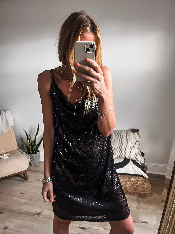 Mini dress with bell sleeves-Strappy Cowl Neck Sequin Mini Dress