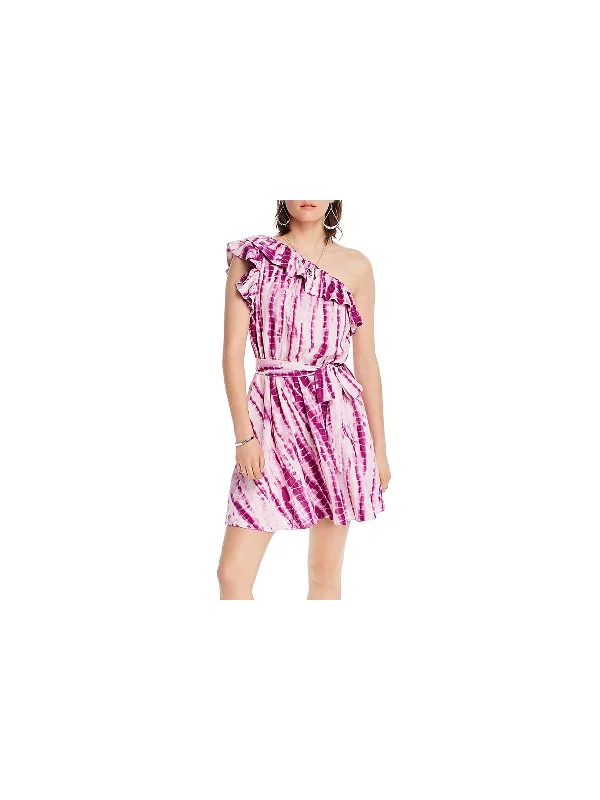 Mini dress with faux leather-Womens Ruffled Tie-Dye Mini Dress