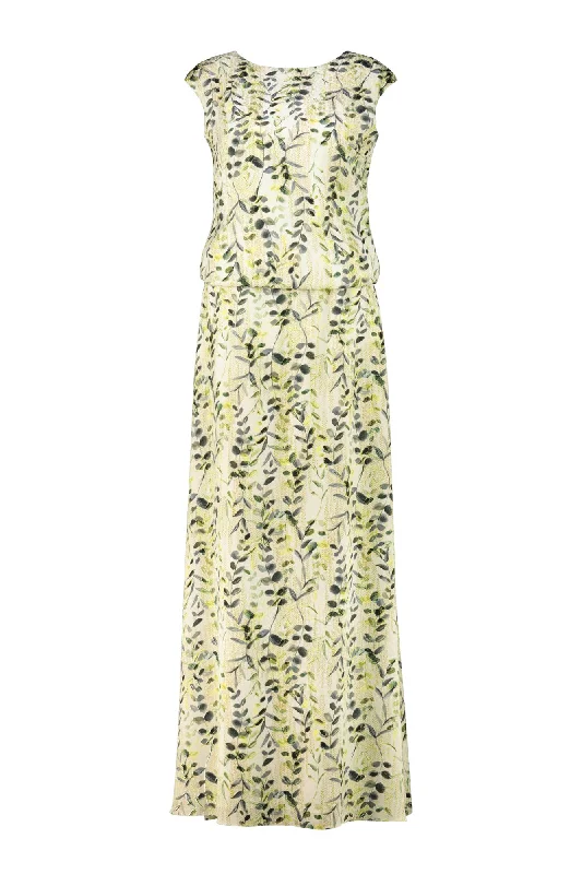 Maxi dress with high-low silhouette-ADONIDIA OLIVE PATTERN SILK MAXI DRESS