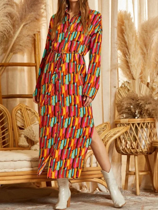 Maxi dress with botanical print-Button Down Fun Print Maxi Shirt Dress In Multi Color