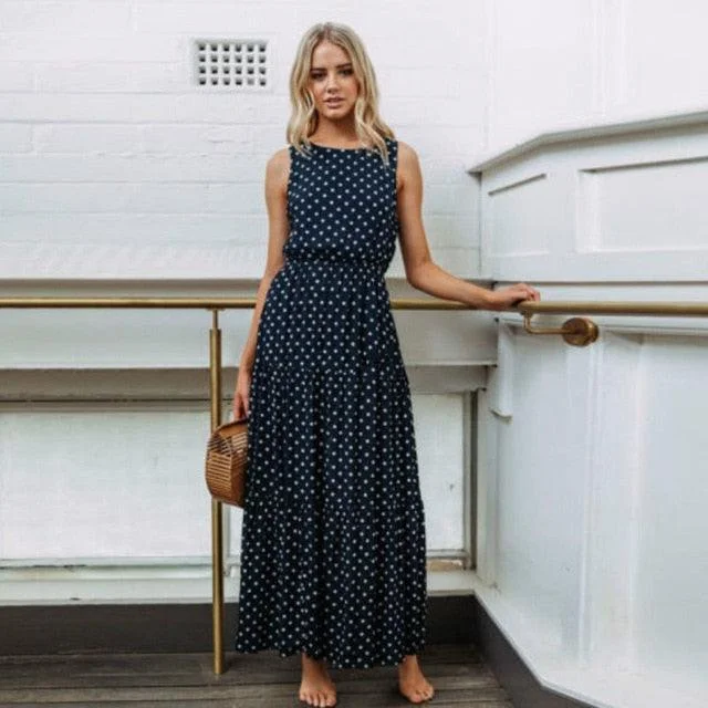 Maxi dress with cape sleeves-Sleeveless Polka Dots Maxi Dress