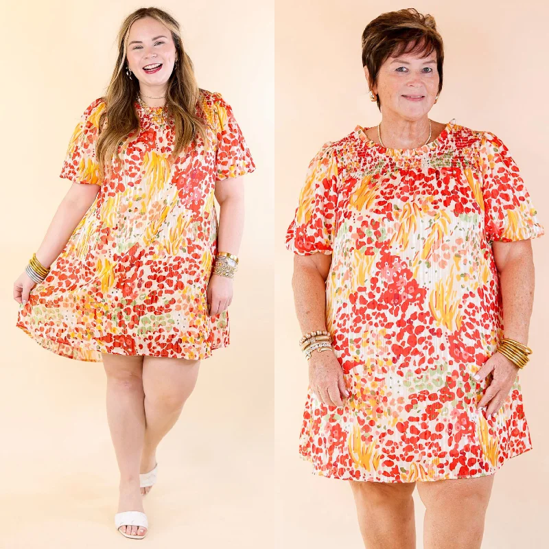 Mini dress with trumpet sleeves-Simply Radiant Mix Floral Print Dress with Short Sleeves in Red and Yellow Mix