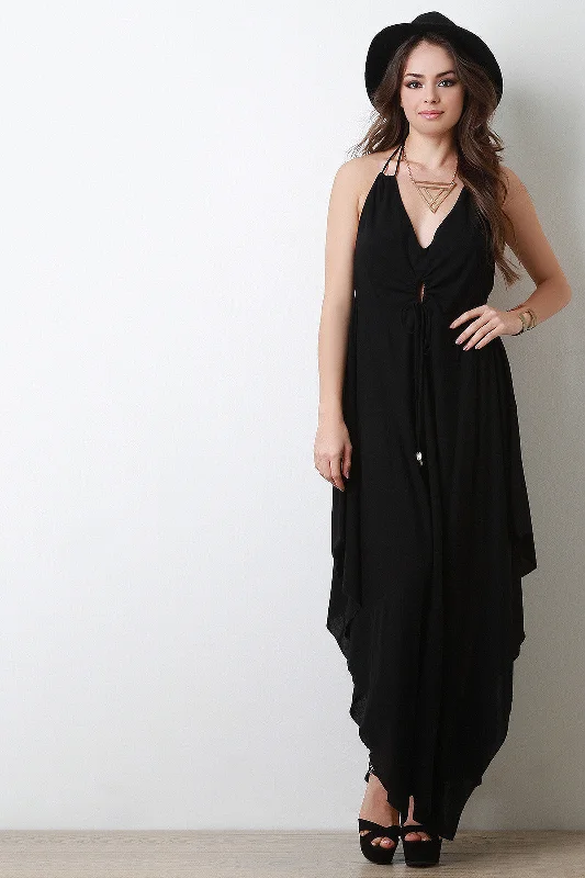 Maxi dress with high split-Halter Deep V Handkerchief Maxi Dress