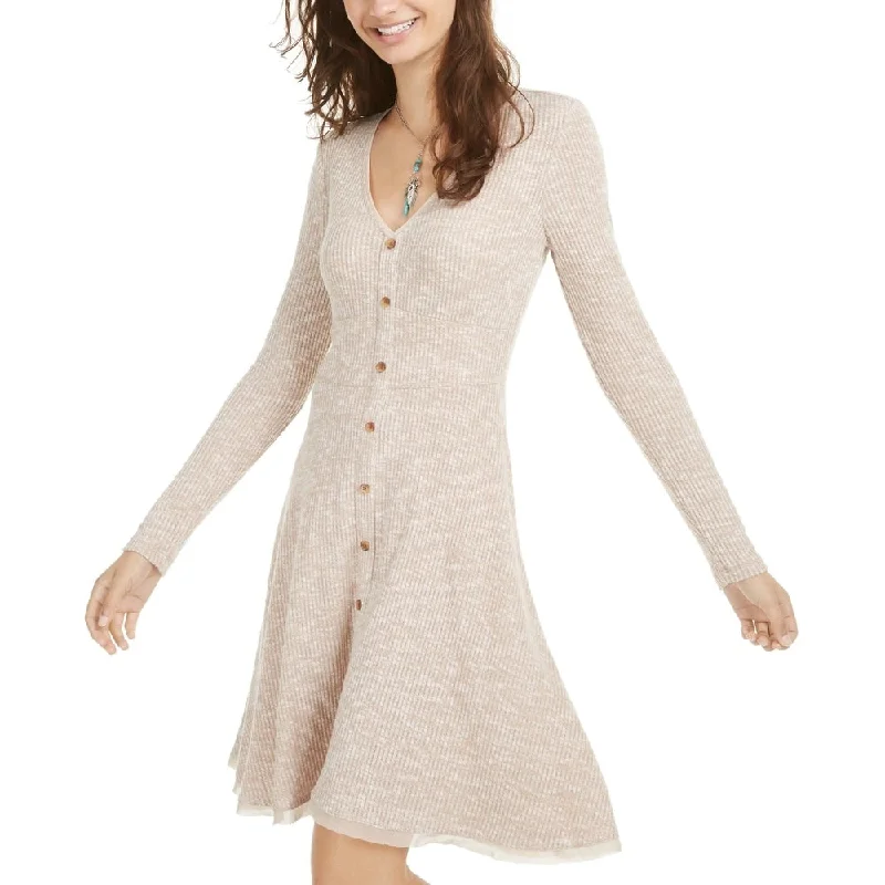 Bohemian style mini dress-American Rag Junior's Marled Rib Knit Fit & Flare Dress Beige