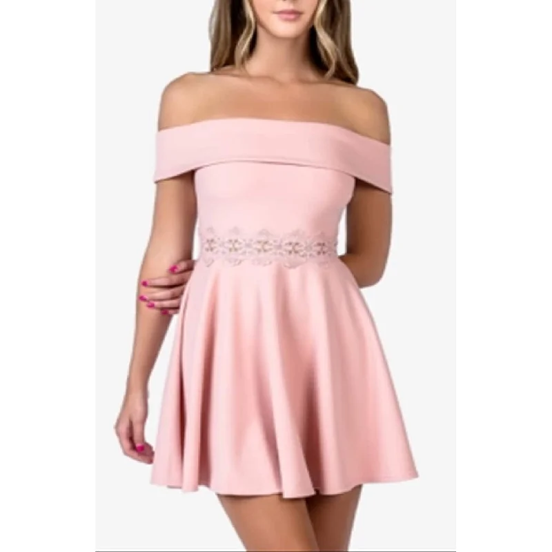 Cowl neck mini dress for stylish look-B Darlin Women's Embroidered Off Shoulder Short Formal Fit Flare Dress Pink Size 13-14 - 13/14