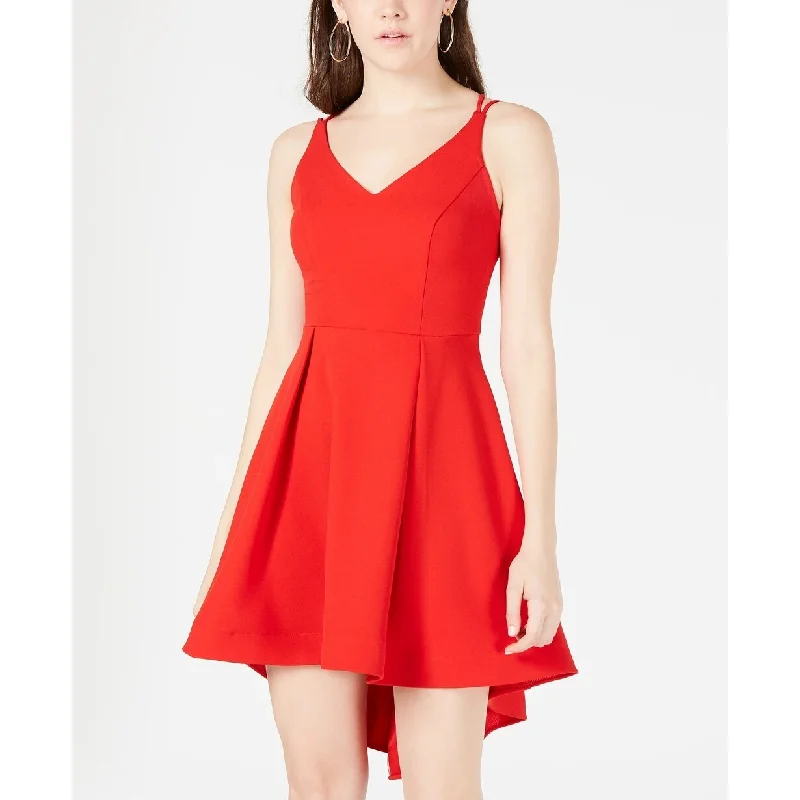 Peasant style mini dress-B Darlin Women's Solid Spaghetti Strap V Neck Short Fit + Flare Dress Red Size 5