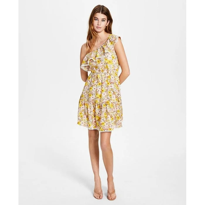 Mini dress with bubble hem-Bar Iii Women's Ruffled Lace Trim Lined Floral Sleeveless Asymmetrical Neckline Short Fit Flare Dress Yellow Size Medium