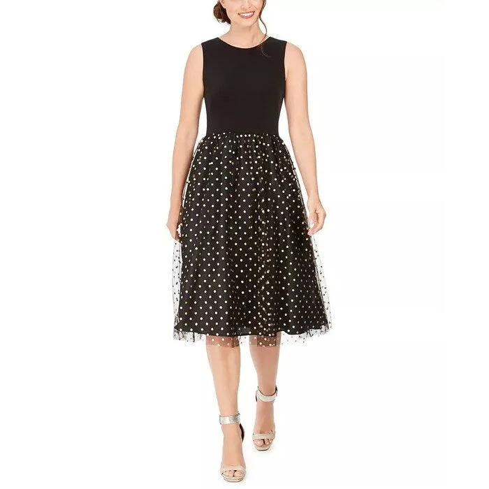 Mini dress with pleated bodice-Calvin Klein Women's Clip Dot Fit & Flare Dress Black & Golden Size 6