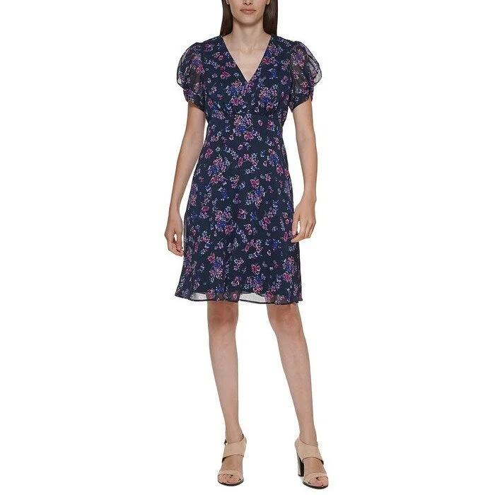 Denim mini dress for chic look-Calvin Klein Women's Floral Print Fit & Flare Dress Blue Size 4