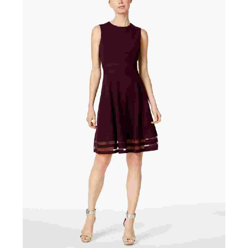 Mini dress with faux leather-Calvin Klein Women's Illusion Trim Fit & Flare Dress Wine Size 2