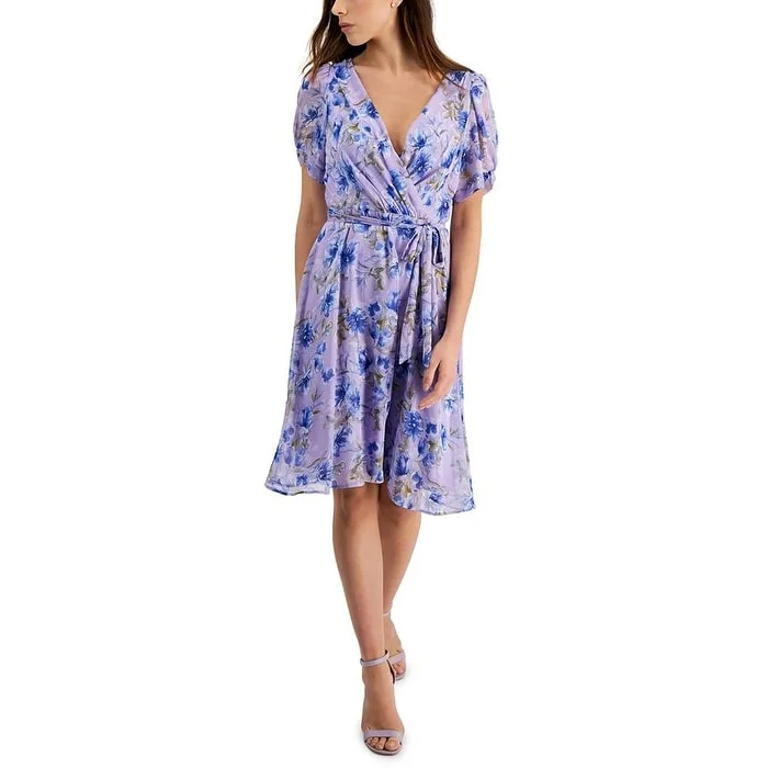 Mini dress with spaghetti straps-Connected Women's Printed Chiffon Twist Sleeve Fit & Flare Dress Purple Size 6