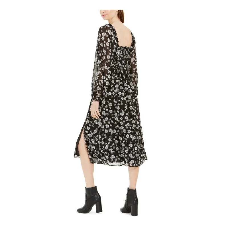 Mini dress with ribbed texture-Leyden Women's Floral Below The Knee Fit Flare Dress Black Size Medium