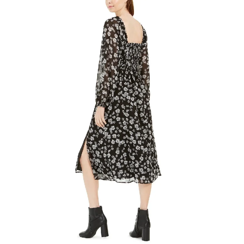 Mini dress with keyhole back-Leyden Women's Slitted Floral Square Neck Below The Knee Fit Flare Dress Black Size X-Small