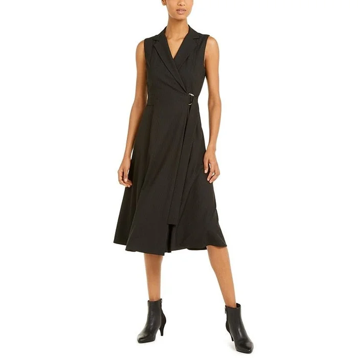 Mini dress with embroidery-Marella Womens Black Pinstripe Sleeveless V Neck Below the Knee Fit Flare Dress 4