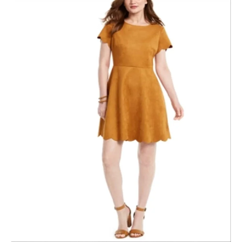 Mini dress with crisscross back-Pappagallo Women's Faux Suede Zippered Short Sleeve Jewel Neck Short Fit Flare Dress Yellow Size 4