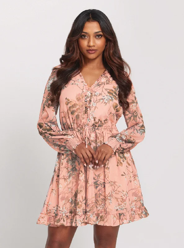 Mini dress with keyhole neckline-Pink Floral Vanessa Flare Dress