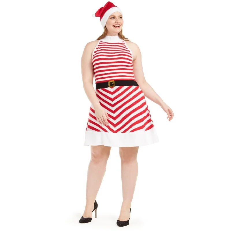 Mini dress with geometric design-Planet Gold Women's Trendy Plus Striped Fit & Flare Dress & Santa Hat Red Size 1X