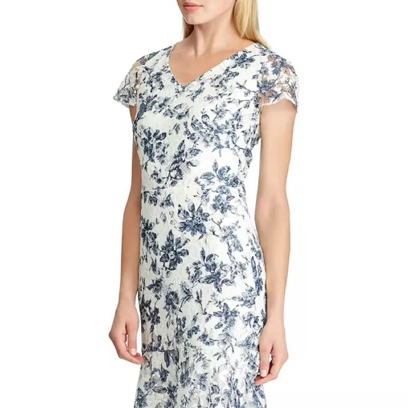 Mini dress with batik prints-Ralph Lauren Women's Lace Floral Short Sleeve V Neck Tea Length Formal Fit Flare Dress Blue Size 8