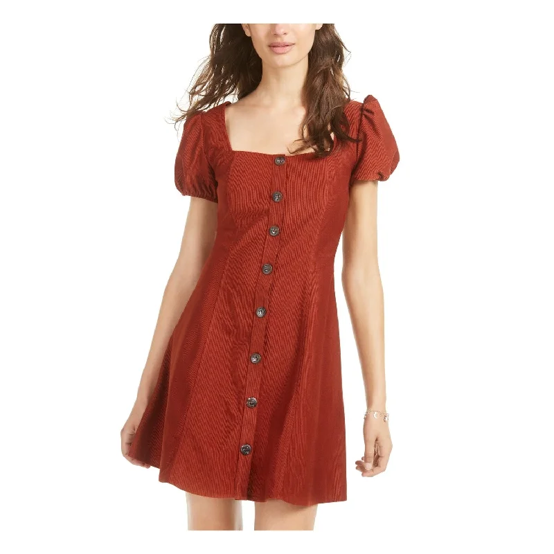 Mesh overlay mini dress-Sequin Hearts Women's Button Front Pouf Square Neck Short Fit Flare Dress Brown Size Small