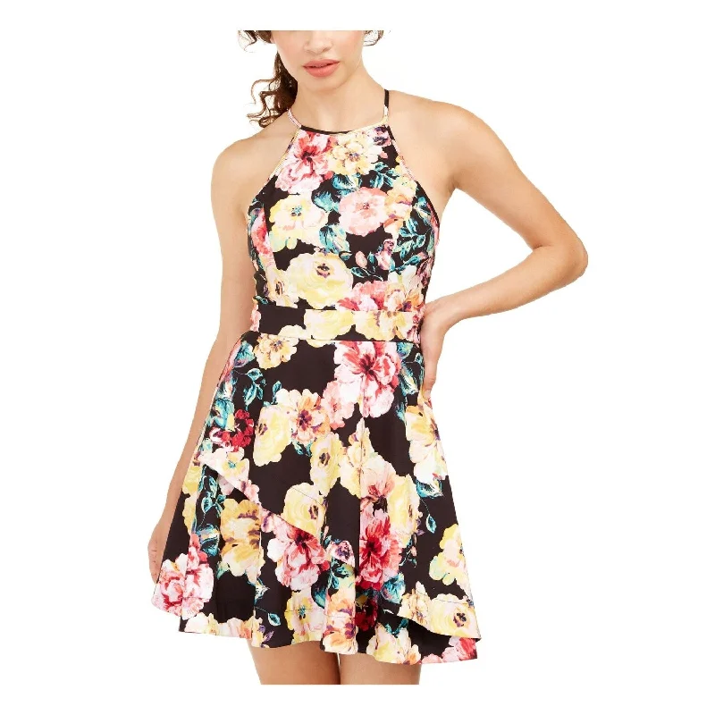 Mini dress with feather trim-Speechless Women's Floral Halter Fit & Flare Dress Black Size 1