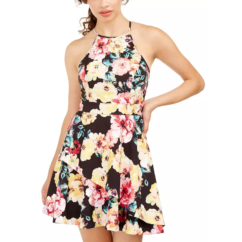 Mini dress with floral motifs-Speechless Women's Floral Sleeveless Halter Short Fit + Flare Dress Floral/ Black Size 00