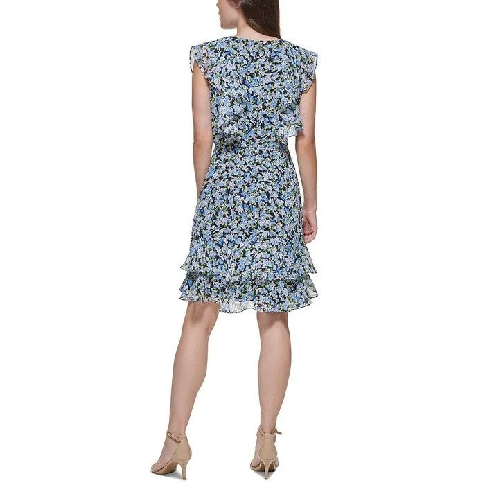 Mini dress with spaghetti straps-Tommy Hilfiger Women's Floral Cap Sleeve Above The Knee Fit Flare Dress Blue Size 8