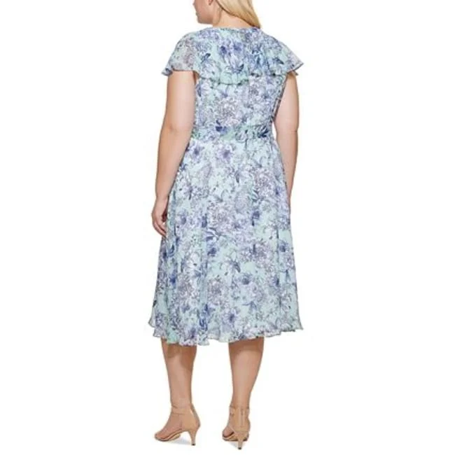 Mini dress with spaghetti back-Tommy Hilfiger Women's Floral Chiffon Fit & Flare Dress Blue Size 14W