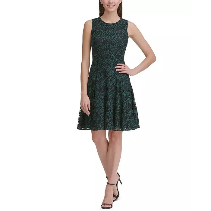 Casual mini dress for summer-Tommy Hilfiger Women's Petite Woodstock Lace Fit & Flare Dress Green Size 10 Petite