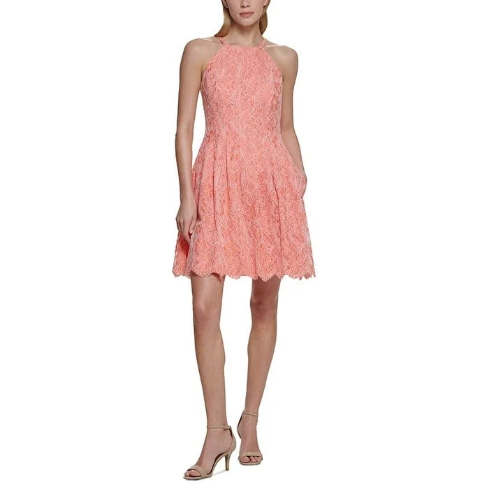 T-shirt mini dress for everyday-Vince Camuto Women's Lace Halter Neck Fit & Flare Dress Orange