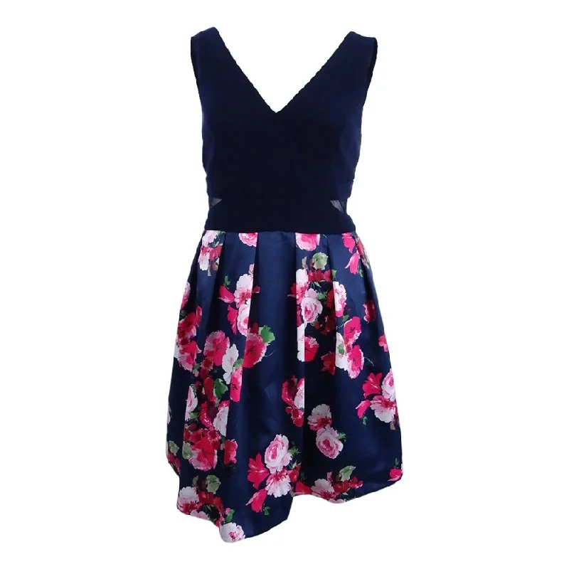 Mini dress with embroidery-Xscape Women's Illusion Floral-Print Fit & Flare Dress (12, Navy)