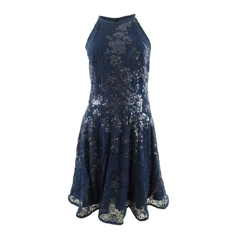 Mini dress with faux leather-Xscape Women's Sequined Lace Fit & Flare Dress (10, Navy)