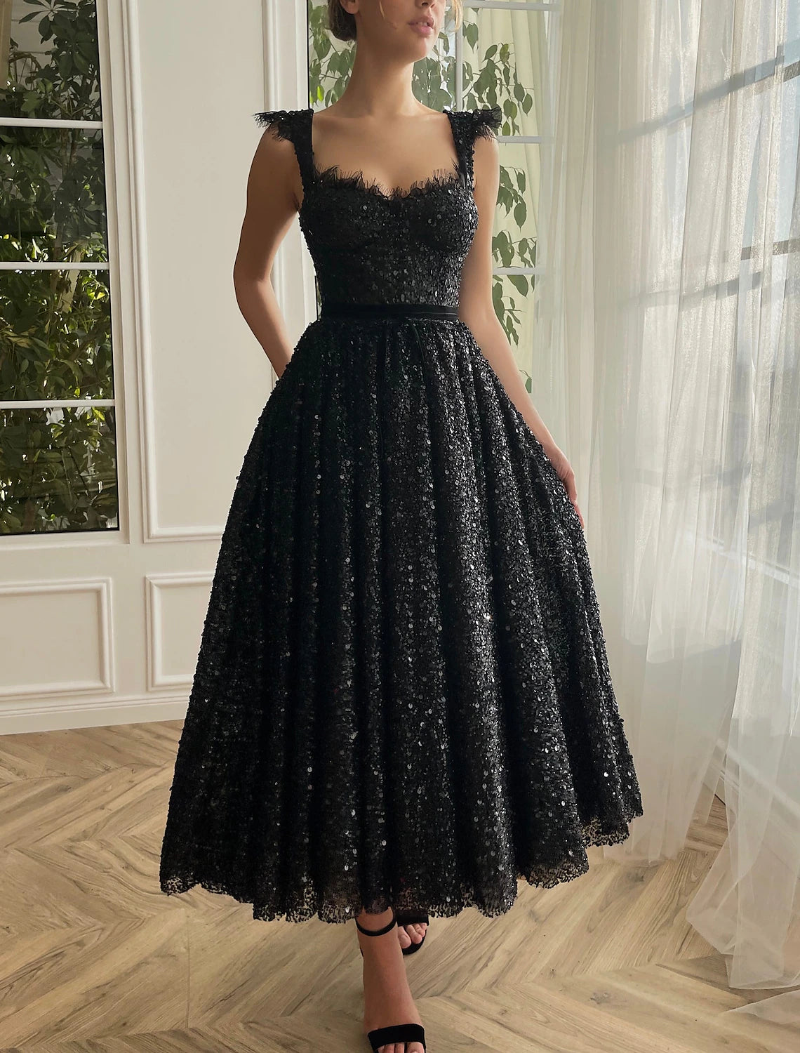 Boho cocktail dress style-A-Line Prom Black Dress Plus Size Vintage Dress Masquerade Party Wear Ankle Length Sleeveless Strapless Wednesday Addams Family Lace with Glitter Sequin