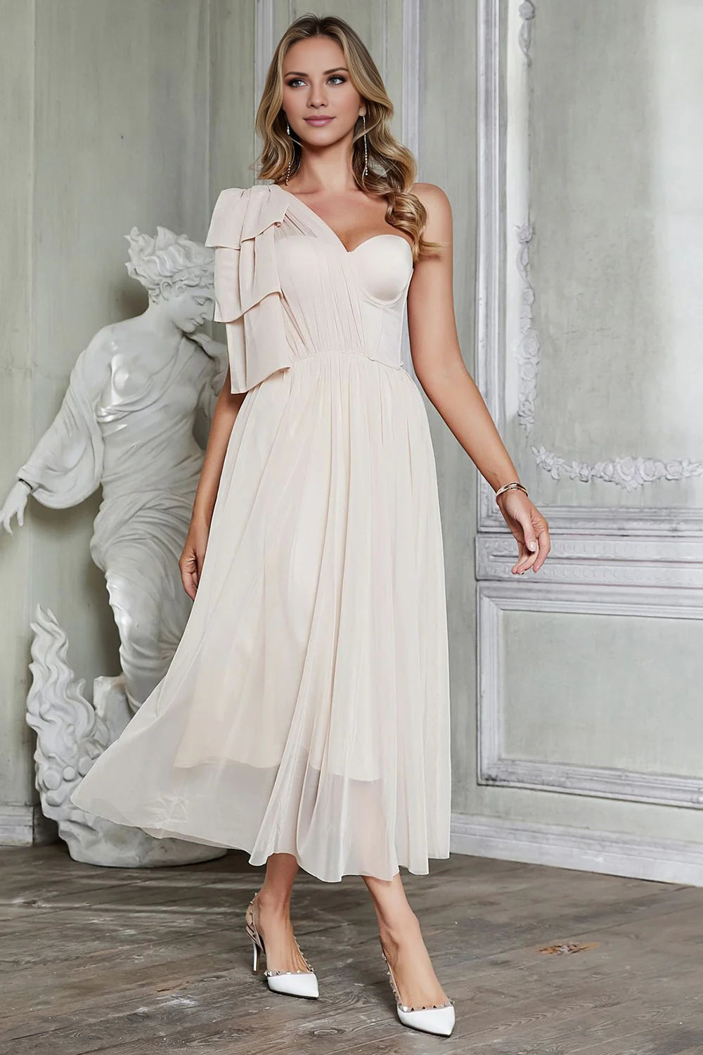 Cocktail dress with lace overlay-Apricot A-Line One Shoulder Corset Party Dress