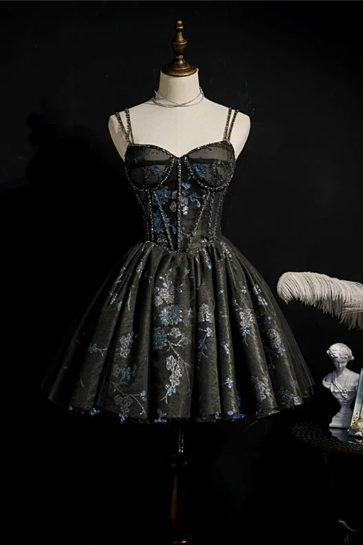 Elegant lace cocktail dress-Black Corset Blue Flower Sequin Party Dress