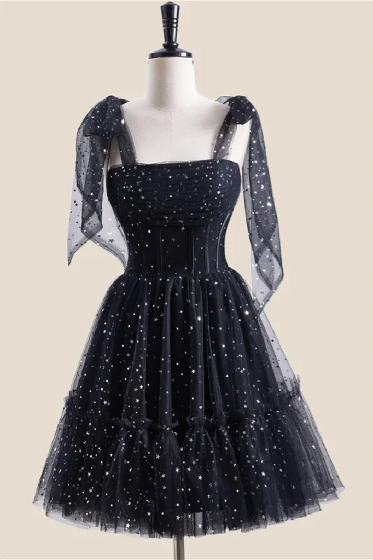 Glittery cocktail dress-Black Sparkle Tulle Pleated Short Party Dress