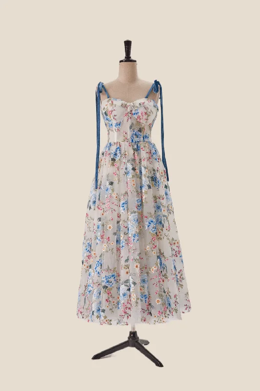 Evening wear cocktail dress style-Blue Floral Tea Length A-line Party Dress