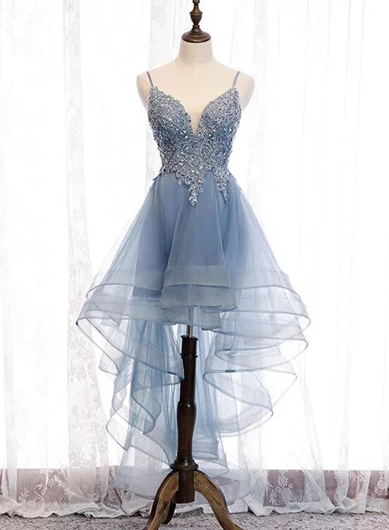 Backless cocktail dress design-Blue High Low Tulle V-neckline Straps Party Dress with Lace, Cute Homecoming Dress