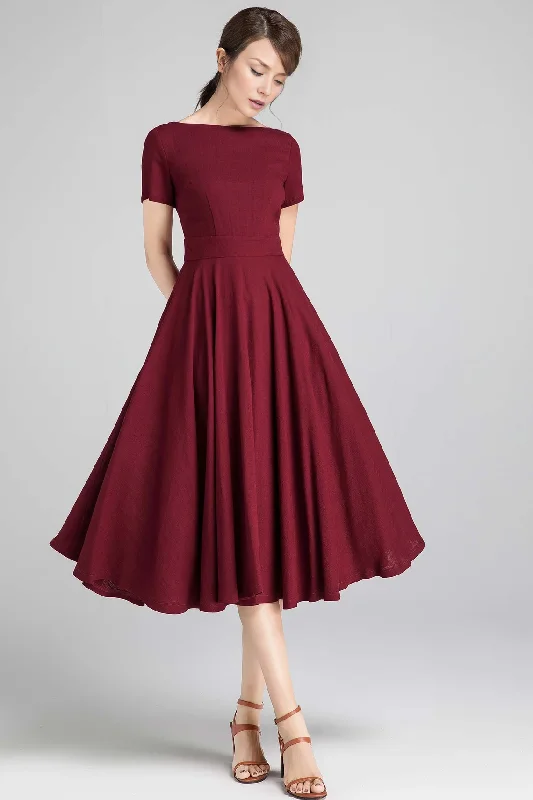 Ruffled hem cocktail dress-Burgundy Boat Neck Dress With Pockets Short Sleeve Party Dress A-Line Mother of the Bride Dress