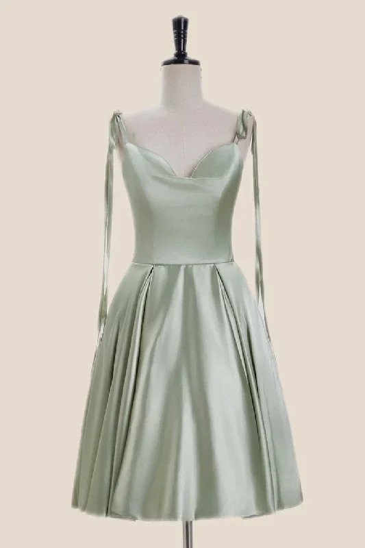 Empire waist cocktail dress-Cowl Neck Sage Green Short Party Dress