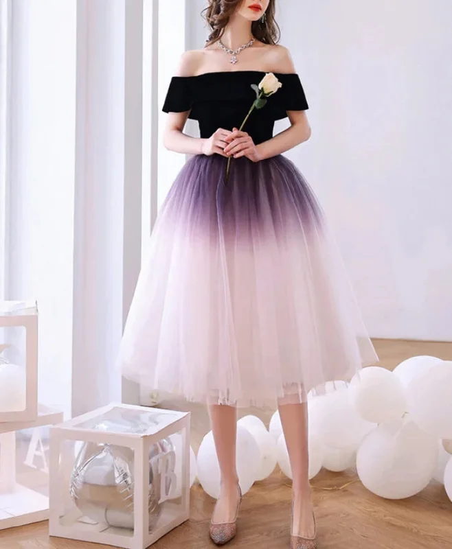 Strapless cocktail party dress-Cute A-Line Purple Tulle Off Shoulder Gradient Party Dress Purple Tulle Short Homecoming Dress