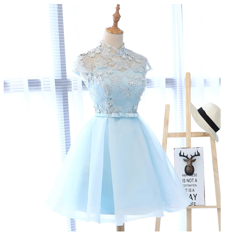 Vintage cocktail dress style-Cute Light Blue Tulle with Lace Party Dress , Beautiful Short Classical Formal Dress