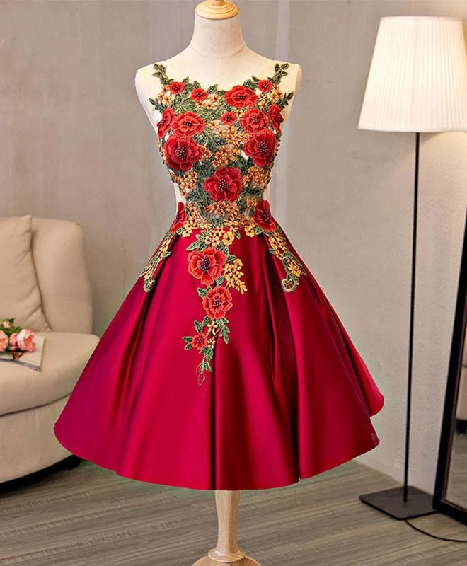 Velvet cocktail dress style-Cute Red Satin with Embroidery Knee Length Homecoming Dress, Short Party Dress