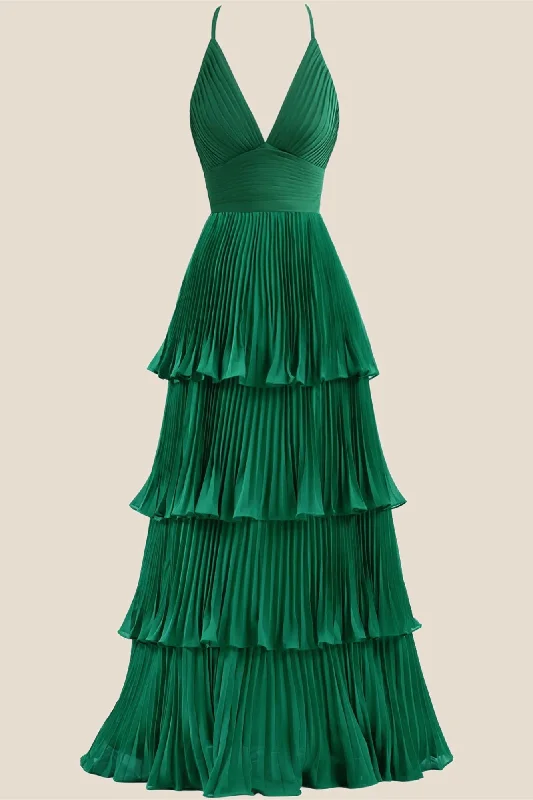 Sequin cocktail dress finish-Emerald Green Pleated Empire Tiered A-line Party Dress